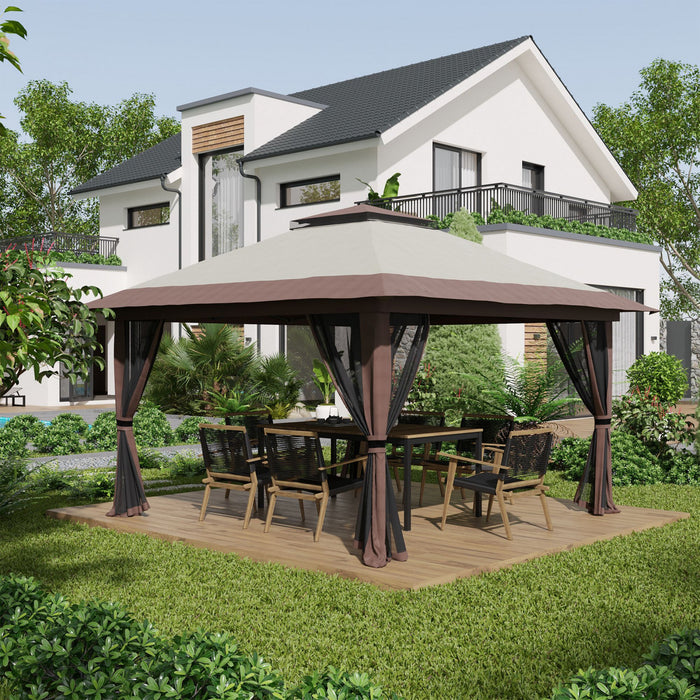 Outsunny 13' X 13' Pop Up Canopy With Mesh Sidewalls, Easy Up Canopy Tent Shelter With 2-tier Roof, Wheeled Carry Bag, Water/sand Bag For Garden, Backyard, Patio, Lawn, Beige