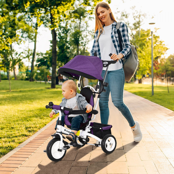 Qaba Toddler Tricycle, 6 In 1 Baby Bike Stroller With Foldable Canopy, Storage Basket, 5-point Safety Harness, Kids Trike For 1-5 Years Old, Purple