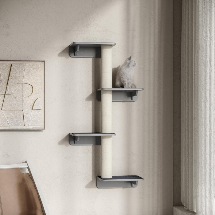Pawhut Cat Wall Climber With 4 Platforms & 3 Scratching Posts, Wall-mounted Cat Shelf For Climbing And Lounging, Includes Soft Mats, Light Grey
