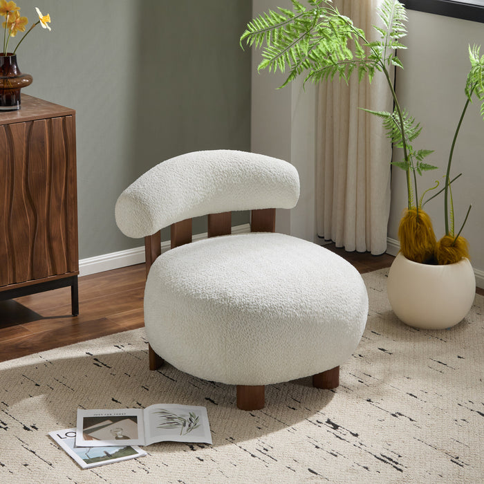 Nube Modern Boucle Accent Chair with Curved Backrest and Four-Leg Design, Off White, Walnut