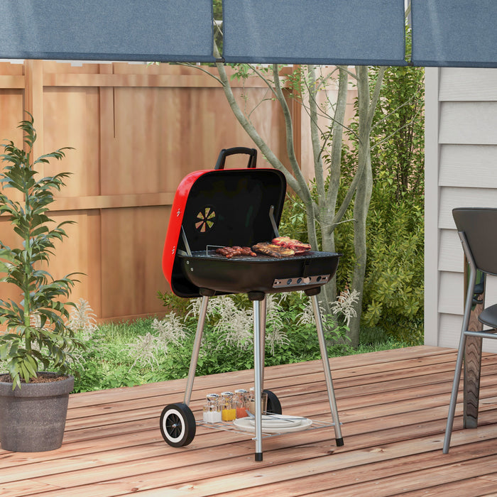 Outsunny Charcoal BBQ Grill, Portable Barbecue Smoker with Lid, Wheels, Storage Rack, Red