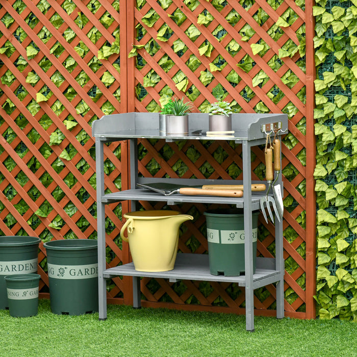 Outsunny Outdoor Potting Bench, Wooden Potting Table W/ Hooks, Grey