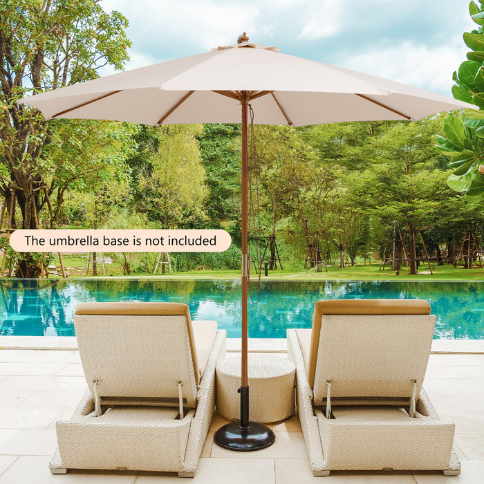 10FT Patio Wooden Market Table Umbrella Pulley w/8 Bamboo Ribs Sunshade Canopy