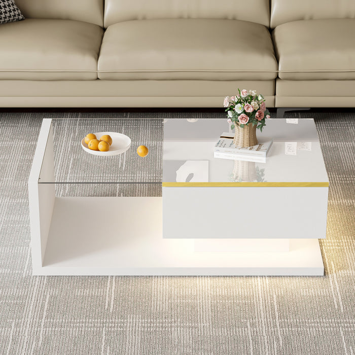 Maxwell High-Gloss 39.4\" Long Coffee Table with Glass and LED Effect,White