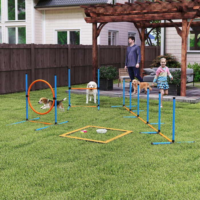 PawHut Dog Agility Training Equipment, 5PCS Dog Obstacle Course Starter Kit with Weave Poles, Adjustable Hurdles, Jump Ring, Pause Box, Bowl and Carrying Bag
