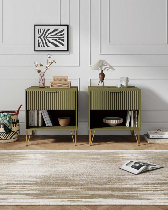 Dumbo Modern 20\" Fluted Nightstand in Olive Green (1-Drawer) - Set of 2