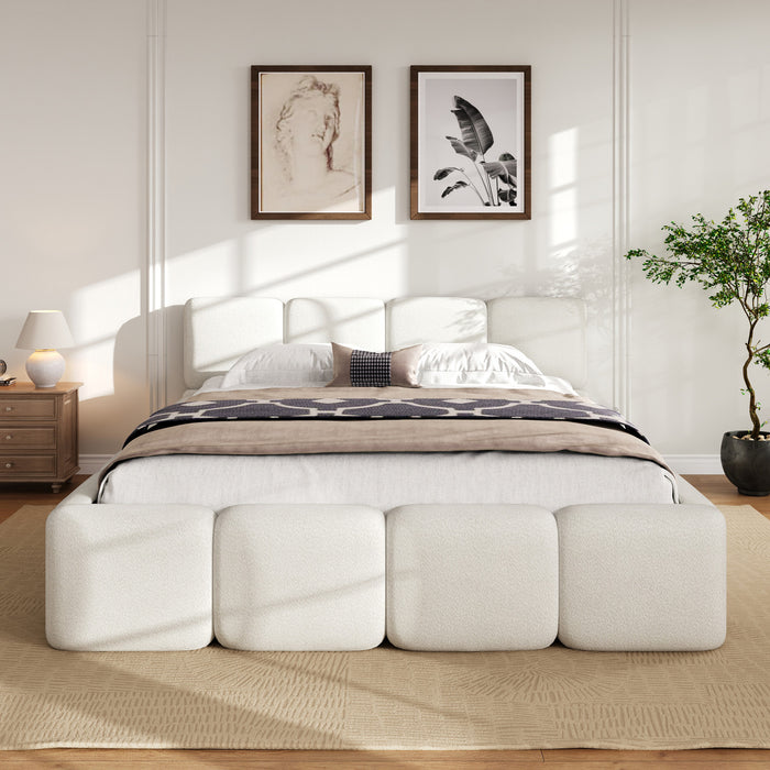 Aiden Platform Bed with Supportive Upholstered Frame in Boucle Fabric,King Size,White King Bed