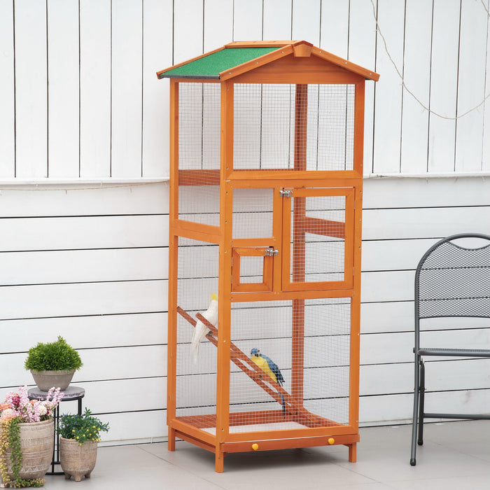 Pawhut 65\" Bird Cage Wooden Bird Cage Stand With Two Doors, Ladder And Pull Out Tray For Finches, Orange