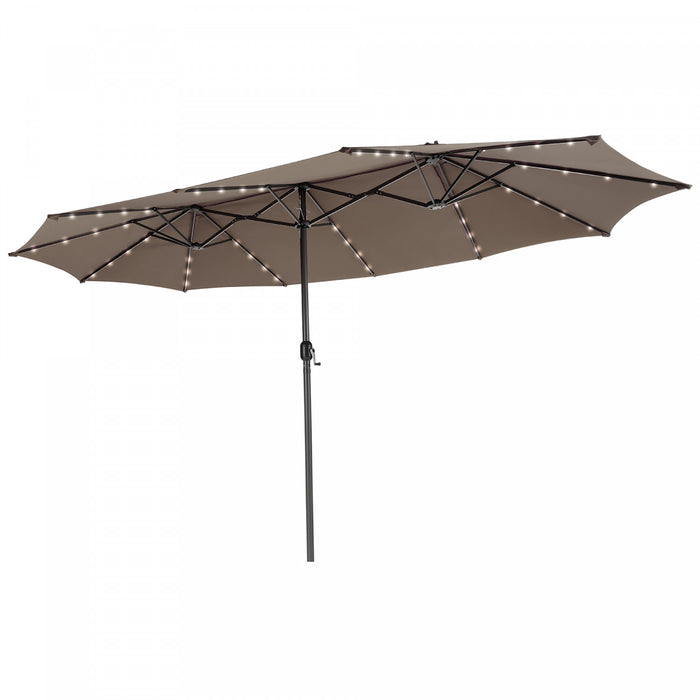 Costway 15FT Twin Patio Double-Sided Umbrella 48 Solar LED Lights Crank Outdoor Coffee
