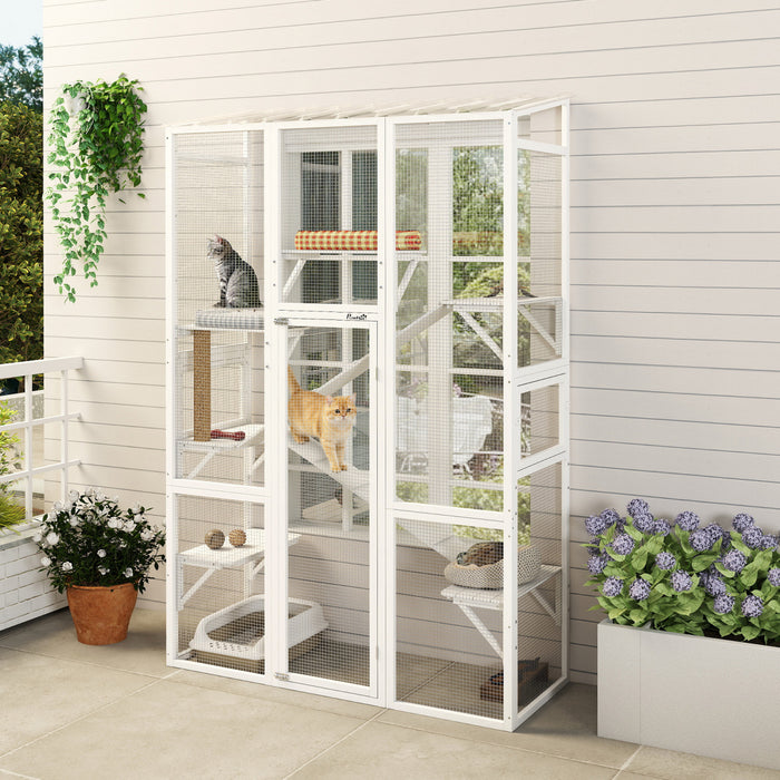 PawHut Catio Outdoor Cat Enclosure, Large Wooden Cat House with 6 Platforms, Scratching Post, 2 Ramps, Waterproof Roof, Walk-in Kitty Cage for 2–3 Kittens, 64\" x 24\" x 99\", White