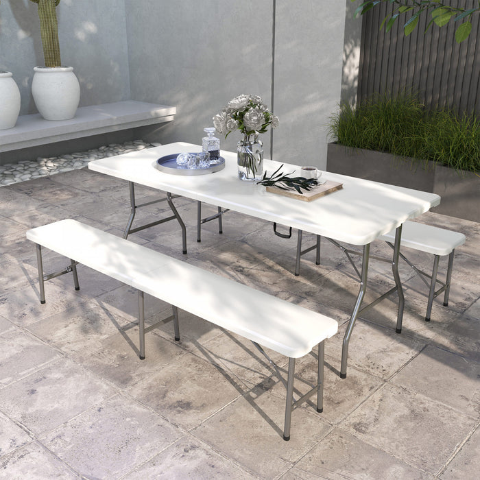 Outsunny Hdpe Picnic Table Set With Beer Table & 2 Benches For 6, White