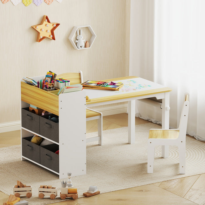 Qaba Kids Table And Chair Set With Paper Roll, Toddler Table And Chair Set With Storage Shelves And Drawers, Art Craft Table For Drawing Writing Aged 3-8 Years, Natural Wood