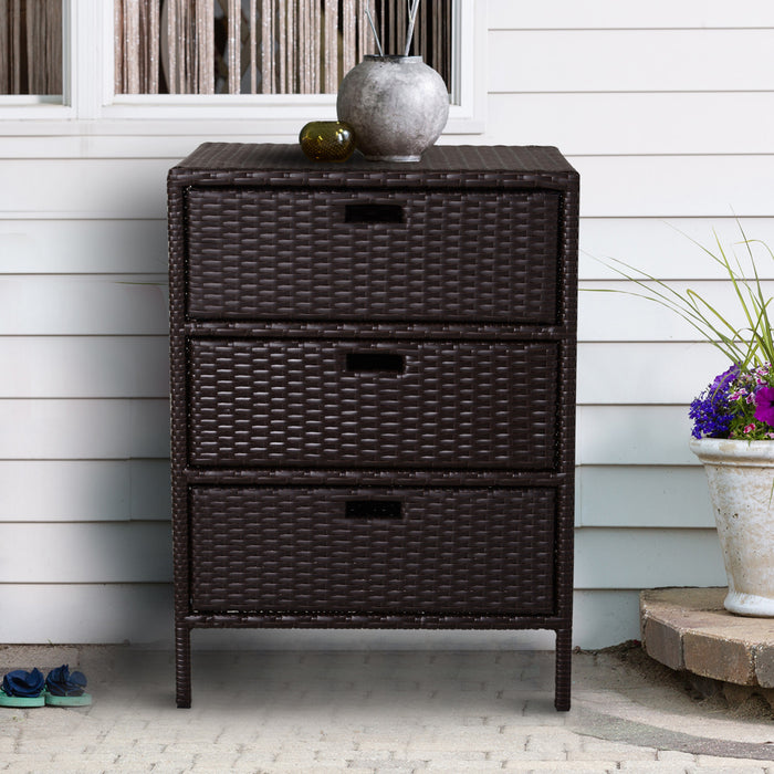 Outsunny 32\" Poolside Rattan Wicker Patio Organizer Storage Cabinet Bathroom Storage W/ 3 Large Drawers Garden Outdoor