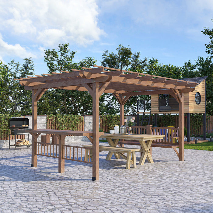 Outsunny 14' X 10' Outdoor Pergola, Wooden Gazebo Grill Canopy With Bar Counters And Seating Benches, For garden, patio, backyard, Deck