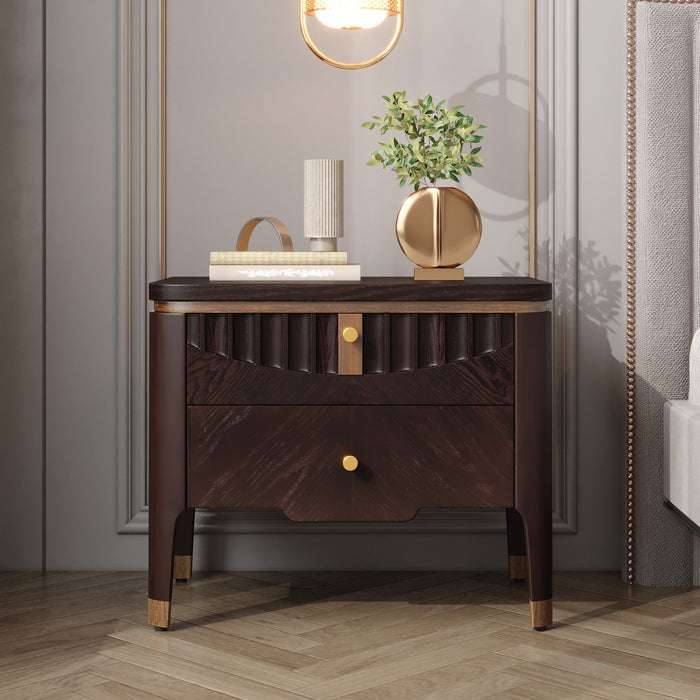 Liam Modern Wave Design Nightstand with 2 Storage Drawers,Dark Brown