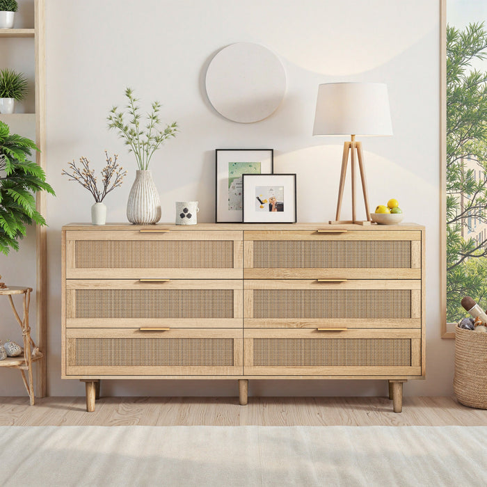 59\" Mila Modern 6 Drawer Rattan Storage Cabinet with Engineered Wood Frame- Natural
