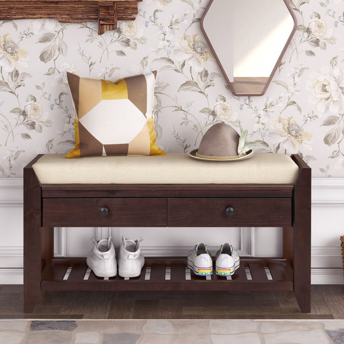 Stephanie Pine Wood Shoe Rack Bench With Cushioned Seat With Storage Drawers - Espresso