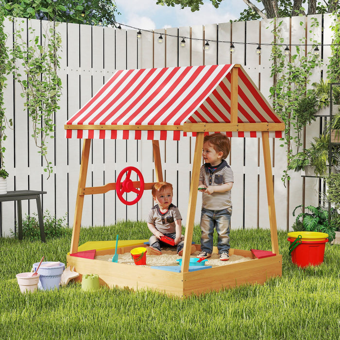 Qaba Kids Sandbox with Cover, 4 Seats, Boat Wooden Sand Pit with Rudder, Deck, Bottom Liner, Outdoor Sand Box for Backyard, Garden, Beach, 52\" x 40\" x 55.5\", for Ages 3-8, Yellow