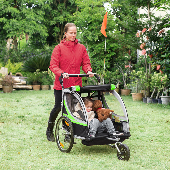 Aosom 2-in-1 Bike Trailer For Kids 2 Seater, Baby Stroller With Brake, Storage Bag, Safety Flag, Reflectors & 5 Point Harness, Green