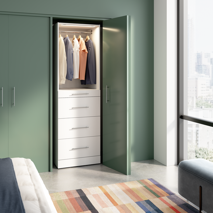 Bestar Florence 25\" Modular Reach-In/Walk-In Closet System Tower with LED Light, Shelves and 4 Drawers Slab Style - White