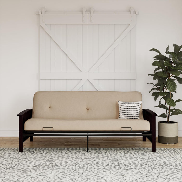 Dorel Home Darrien Full Wood Arm Futon Frame with 6\" Thermo-bonded High-Density Polyester Fill Mattress - Beige