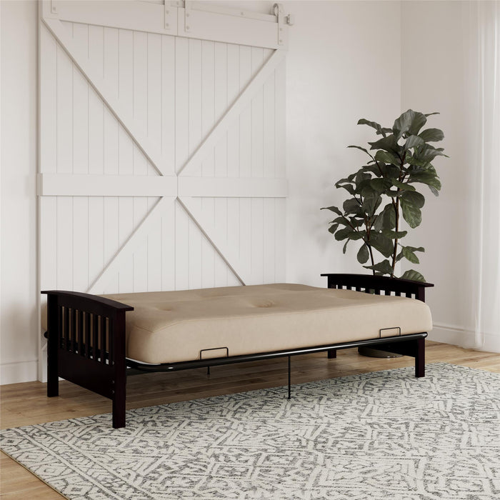 Dorel Home Darrien Full Wood Arm Futon Frame with 6\" Thermo-bonded High-Density Polyester Fill Mattress - Beige
