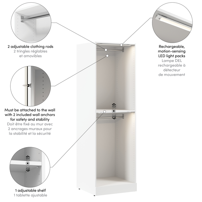Bestar Florence 25\" Modular Double Hanging Closet System with LED Light - White