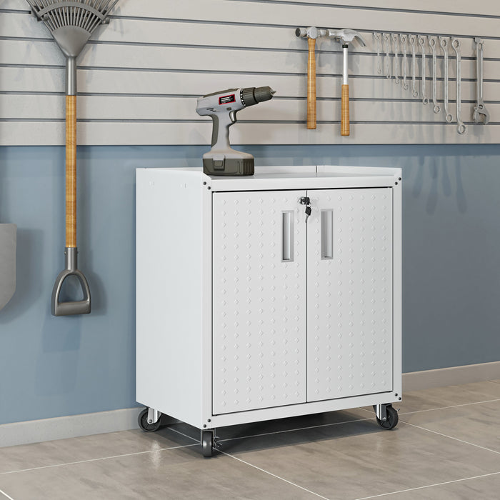Manhattan Comfort Fortress Textured Metal 31.5\" Garage Mobile Cabinet with 2 Adjustable Shelves - White