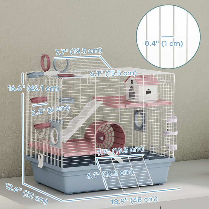 PawHut Hamster Cage, 3-Level Small Animal House with Excerise Wheel, Food Bowl, Water Bottle, House, Tunnels, Ramps, Gerbil Cage for Dwarf Hamster, 19\" x 13\" x 17\", Blue