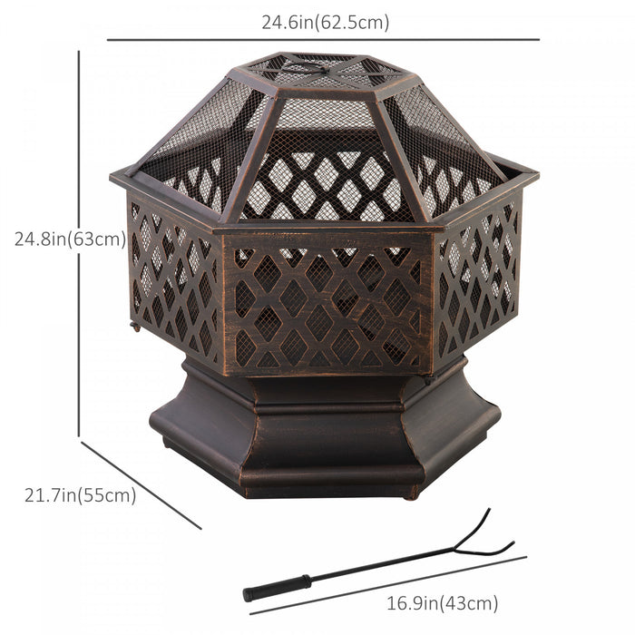 Outsunny Outdoor Fire Pit With Mesh Lid, Portable Wood Burning Firebowl With Poker For Patio, Backyard, Bronze