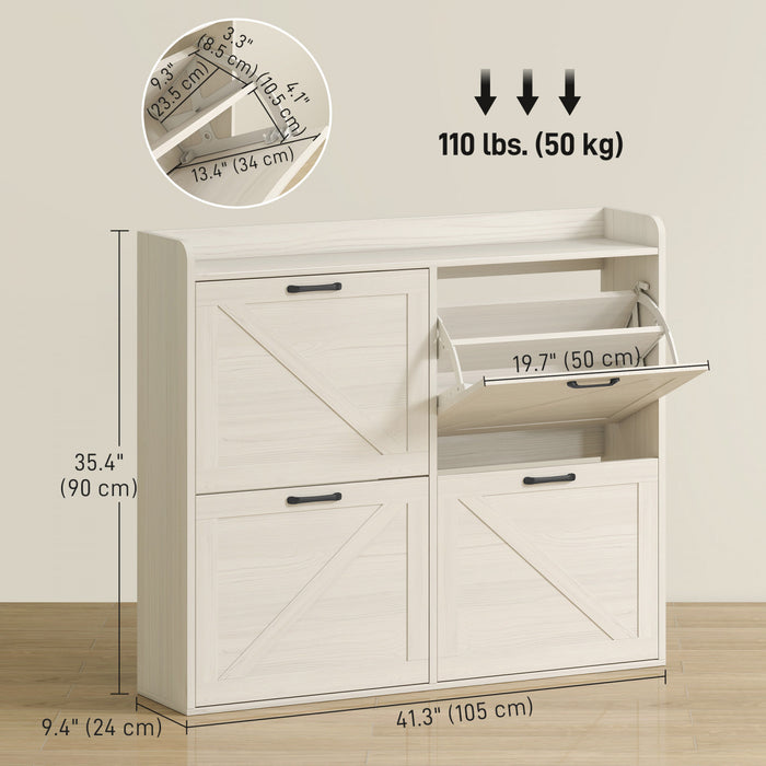 HOMCOM 4 Flip Drawer Shoe Cabinet, Slim Shoe Storage Cabinet, White Oak