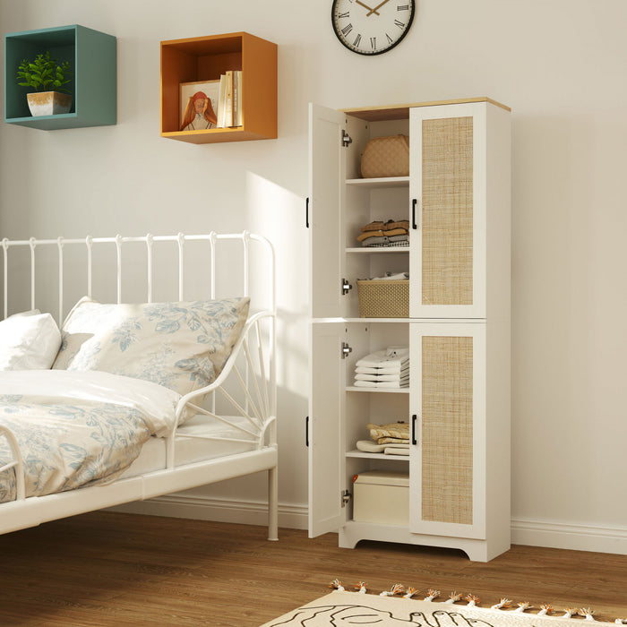 HOMCOM Kitchen Pantry with 4 Rattan Doors and Adjustable Shelves, White