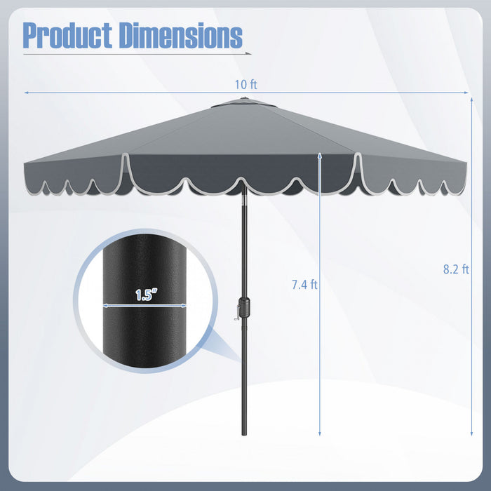 Costway 10 FT Patio Umbrella with Crank Tilt Adjustment Ruffles Vented Top 8 Ribs Gray