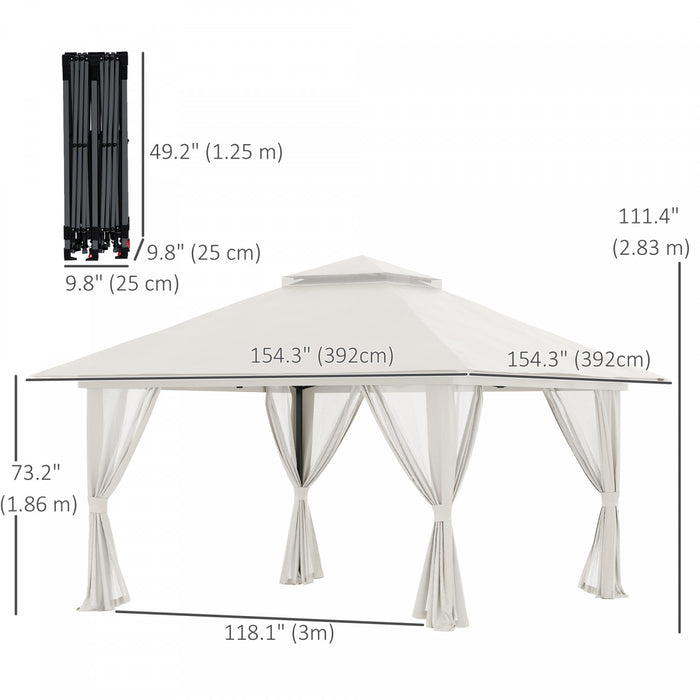 Outsunny 13' X 13' Pop Up Canopy With Mesh Sidewalls, Easy Up Canopy Tent Shelter With 2-tier Roof, Wheeled Carry Bag, Water/sand Bag For Garden, Backyard, Patio, Lawn, Cream