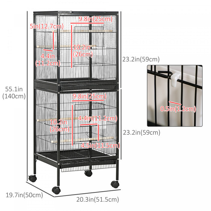 Pawhut 55.1\" 2 In 1 Bird Cage Aviary Parakeet House For Finches, Budgies With Wheels, Slide-out Trays, Wood Perch, Food Containers, Black