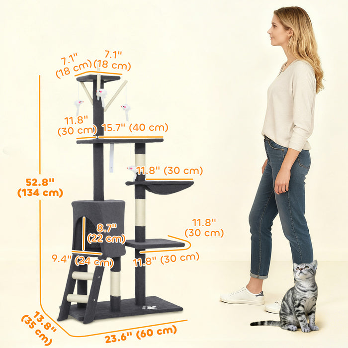 PawHut Cat Tree, 53\" Cat Tower for Indoor Kittens with Sisal Scratching Posts, Plush Perches, Condo, Hammock, Ladder, Dangling Toys, Multi-Level Kitty Activity Centre, Dark Grey