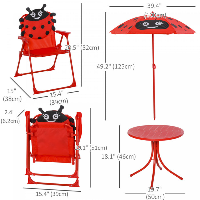 Outsunny Kids Folding Picnic Table And Chair Set Pattern Outdoor Garden Patio Backyard With Removable & Height Adjustable Sun Umbrella Red