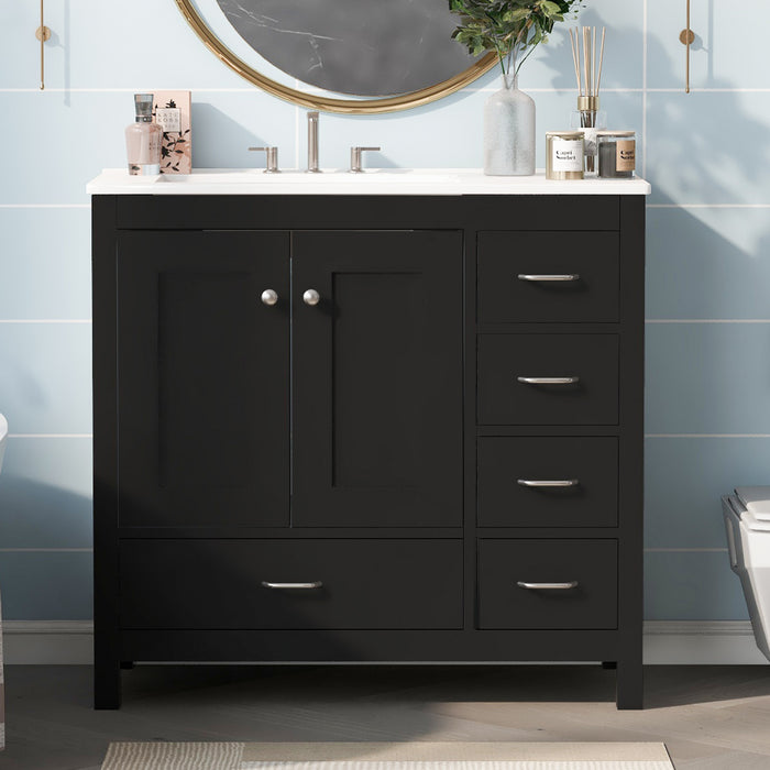 Derek 36 Inch Modern Bathroom Vanity with Ceramic Sink & Multi Storage, Black