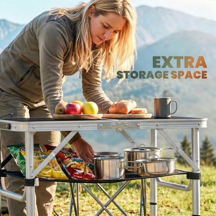 Outsunny 2ft Folding Camping Table, Picnic Table with Storage Layer, Black