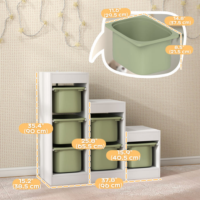 Qaba Toy Storage Organizer with 6 Plastic Bins, 3 Layers Children Toy Storage with Anti-tipping Design, for Ages 3–8 Years, Study Room, Playroom, Green