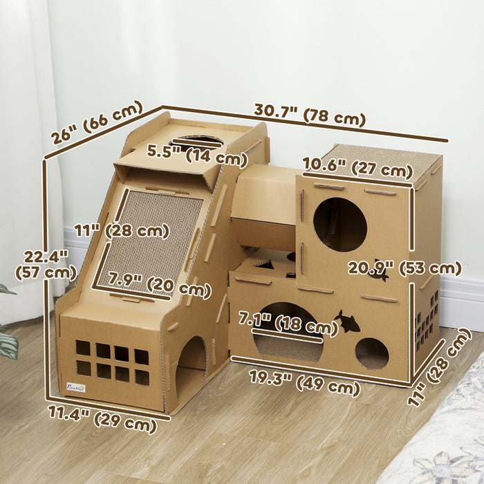 PawHut Multi-Level Cardboard Cat House, Corrugated Cardboard Play Condo with Scratching Pads, Cat Scratcher Hideout for Indoor Kittens