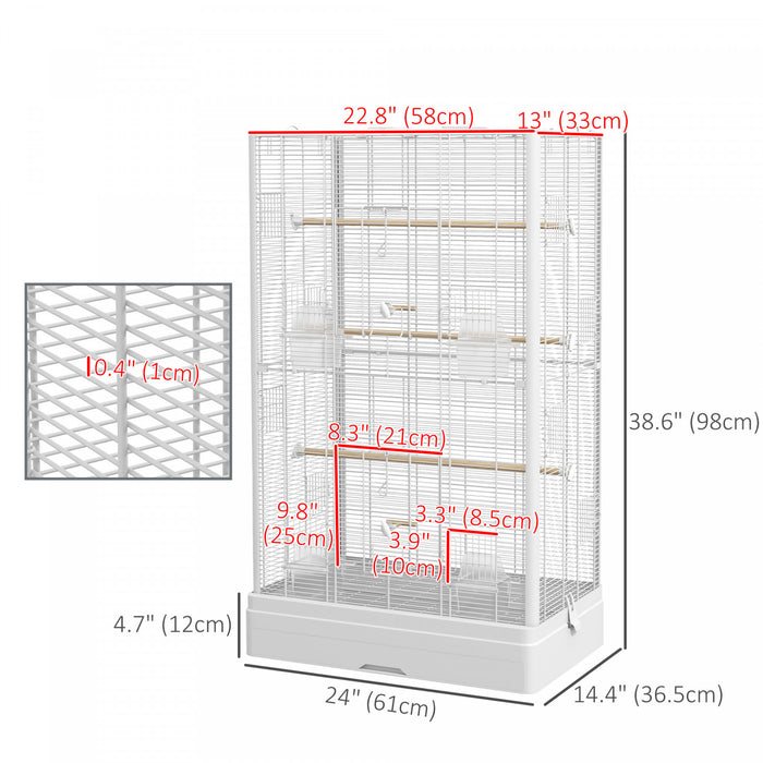 Pawhut 39\" Bird Cage For Budgie, Finches, Canaries, Love Birds, Large Parrot Cage With Wooden Stands, Slide-out Tray, Handles, Food Containers, White