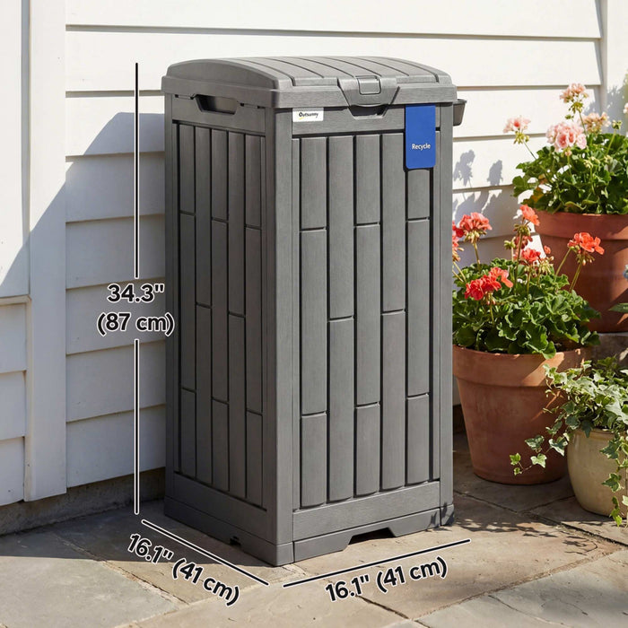 Outsunny 29 Gallon Outdoor Garbage Bin with Dual Lid and Side Holder, Waterproof Plastic Garbage Can with Drip Tray, Outdoor Waste Trash Can for Patio, Backyard, Garden, Grey