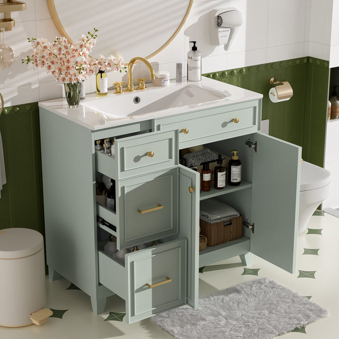 Grady 36 Inch Modern Bathroom Vanity with Ceramic Sink & Smart Storage, Green