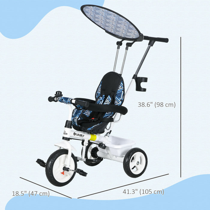 Qaba Kids Tricycle, 6 In 1 Push Bike Stroller With Removable Handlebar, Safety Fence And 5-point Harness, Canopy, Storage Basket, For Toddler 12-60 Months, Blue