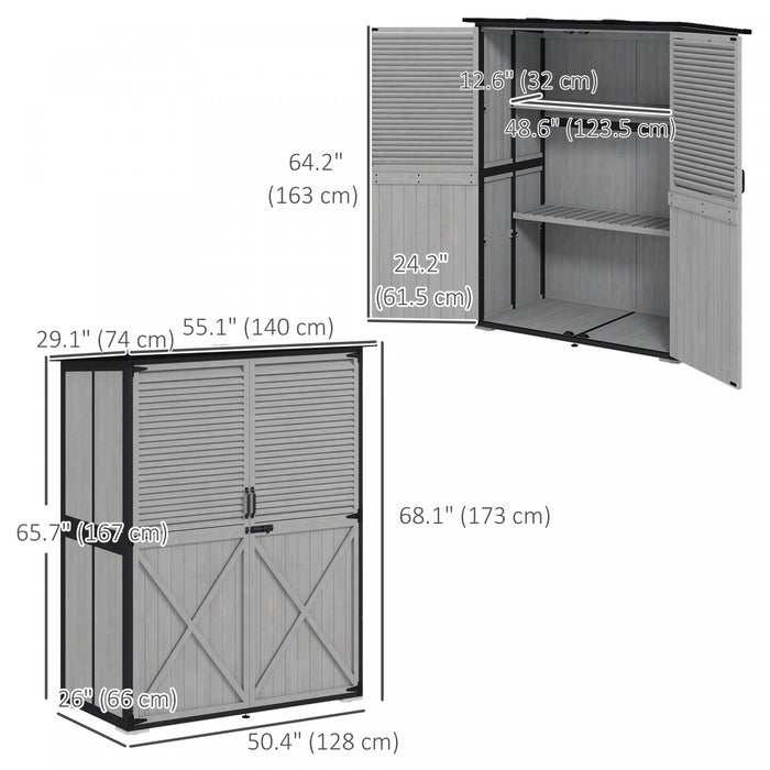 Outsunny Outdoor Storage Cabinet, Wood Garden Shed With 2 Shelves, Grey