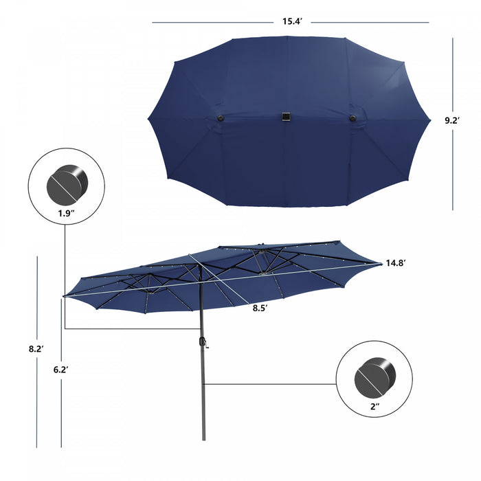 Costway 15FT Twin Patio Double-Sided Umbrella 48 Solar LED Lights Crank Outdoor Navy