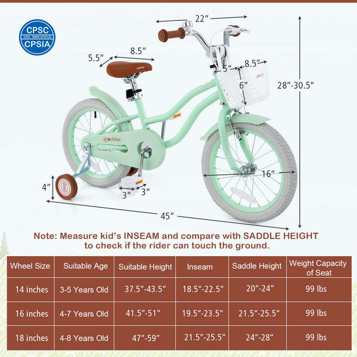 Prorider 16\" Kids Bike Toddler Adjustable Bicycle With Training Wheel For 4-7 Years Old Girl Green