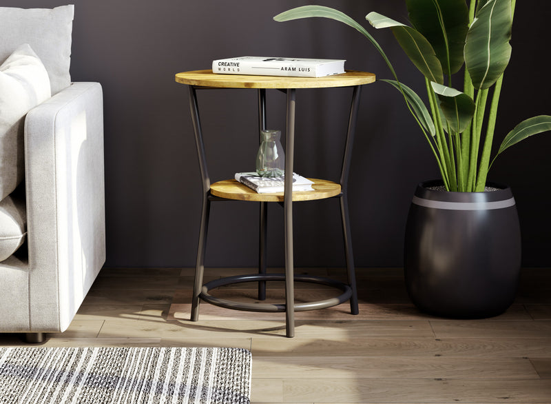 End Table With 1 Shelf - Brown Reclaimed Wood Top With Black Metal