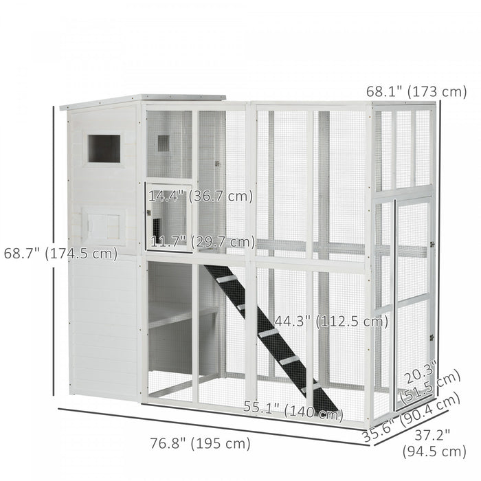 Pawhut Large Catio Outdoor Cat Enclosure Weatherproof Cat House With Cat Condo, Indoor Wooden Cat Cage Pet Kennel, 77\"l X 38\"w X 69\"h, White